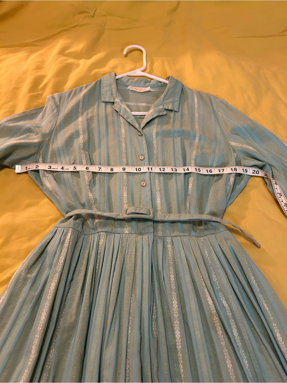 Vintage 60’s Light Teal Striped Button-Front Midi Dress with Belt - Picture 7 of 8